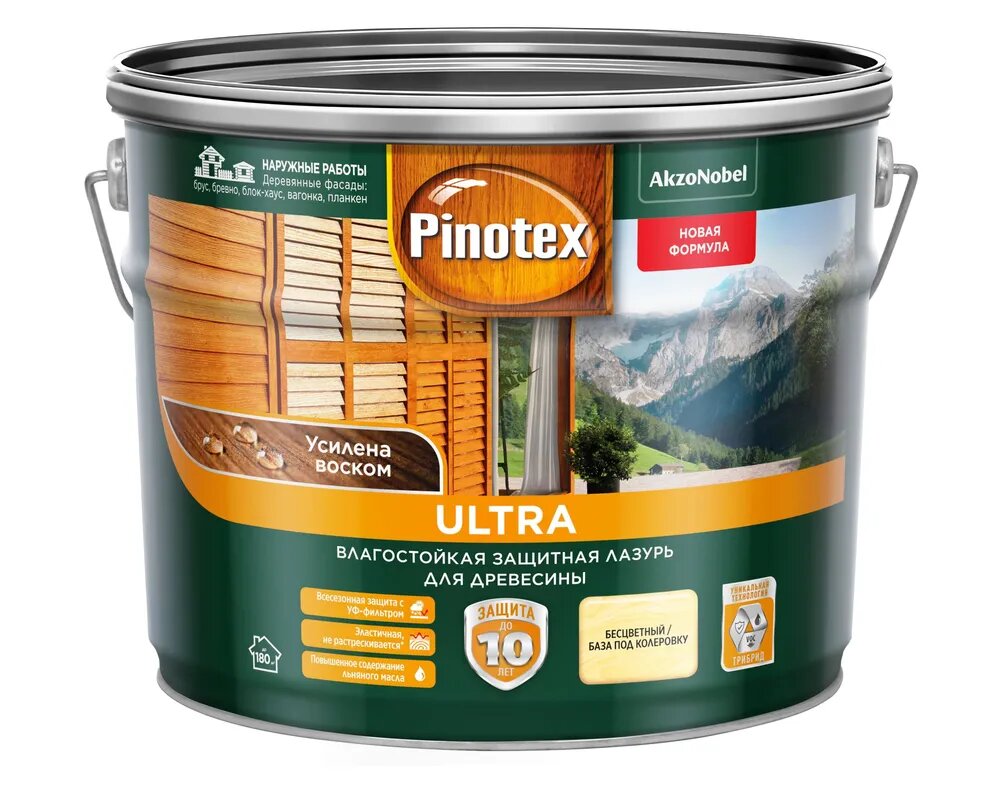 Купить Влагостойкая лазурь Pinotex Ultra CLR база под колеровку 9л Влагостойкая лазурь Pinotex Ultra CLR база под колеровку 9л