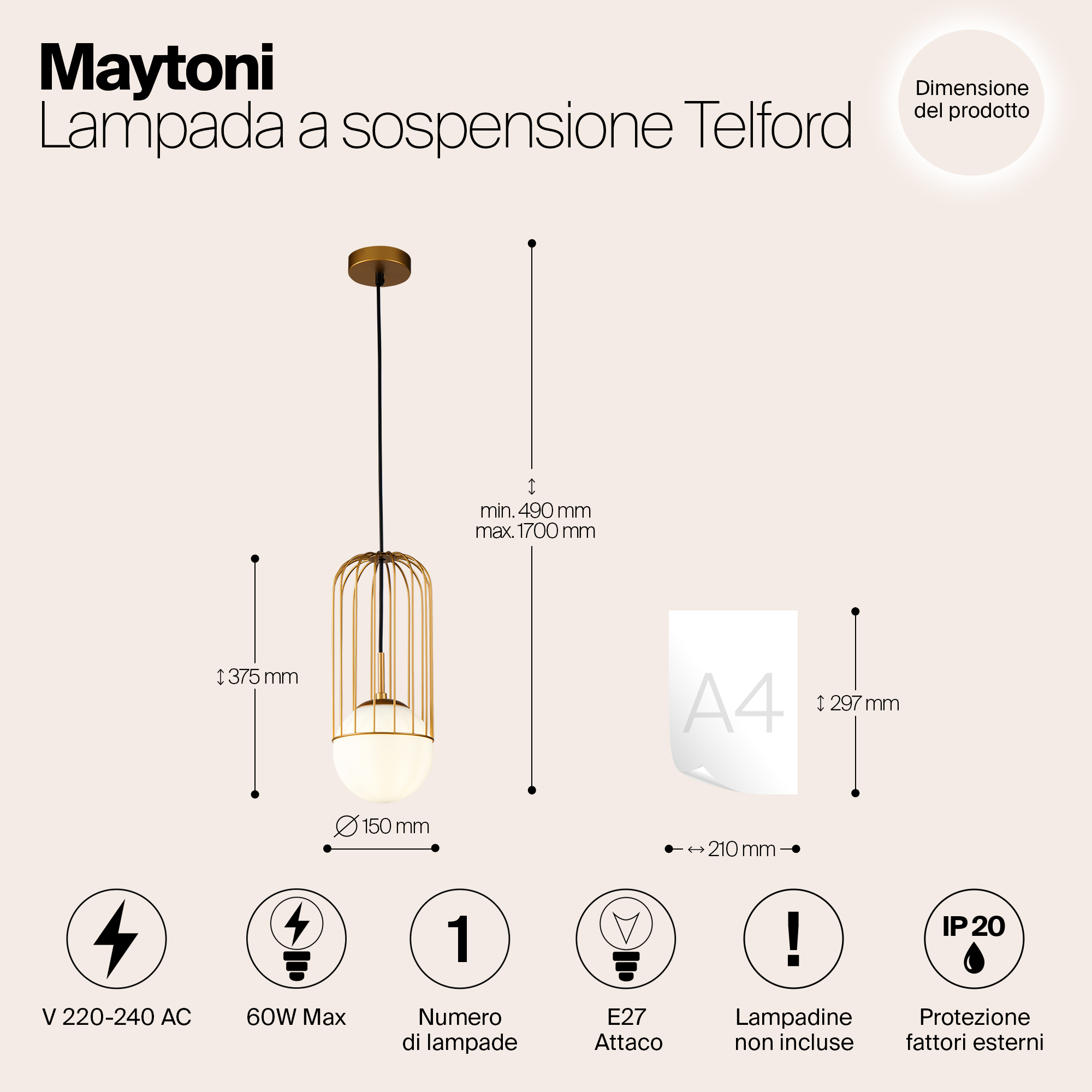 картинка Подвесной светильник Maytoni Telford P362PL-01G от магазина pro-decor.kz