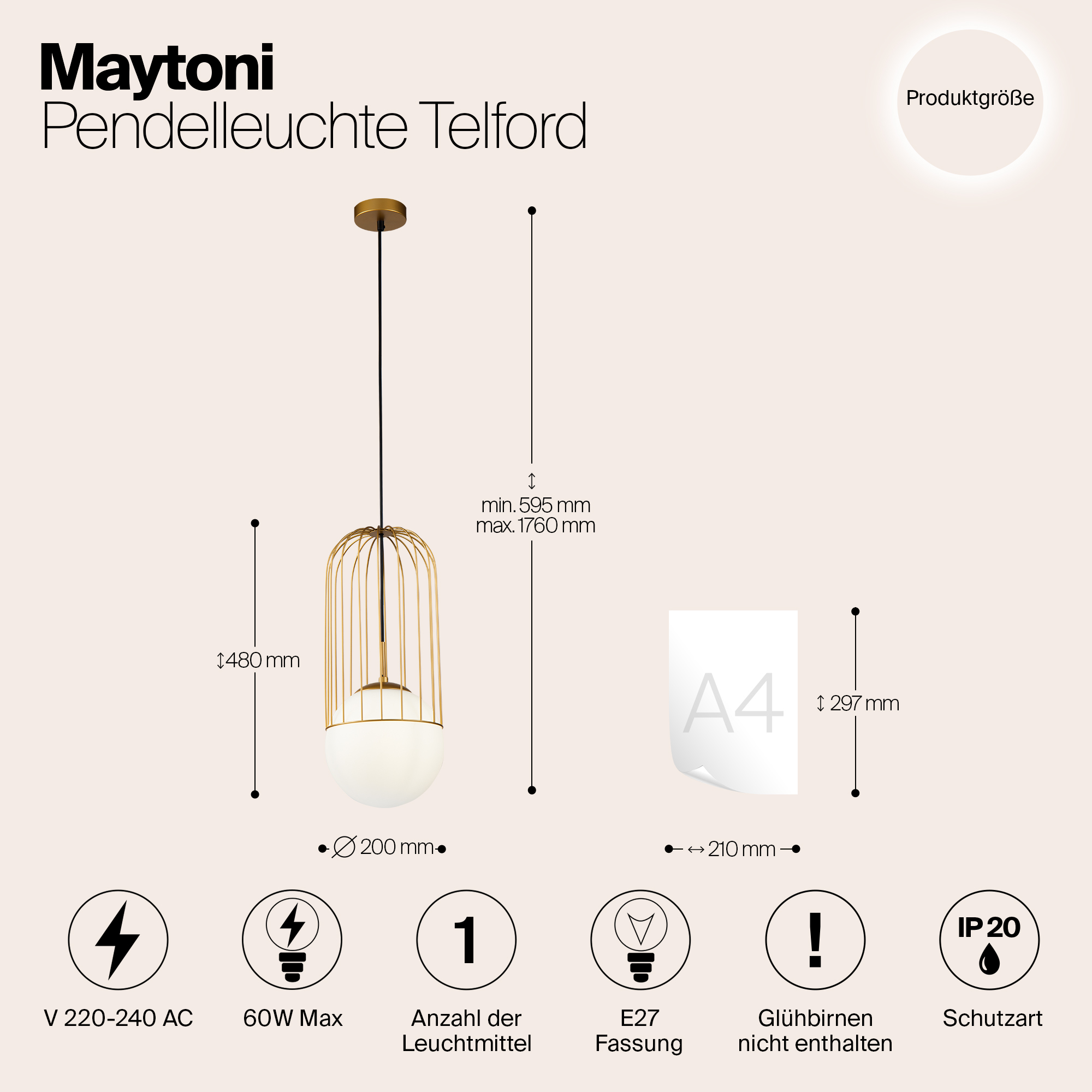 картинка Подвесной светильник Maytoni Telford P363PL-01G от магазина pro-decor.kz