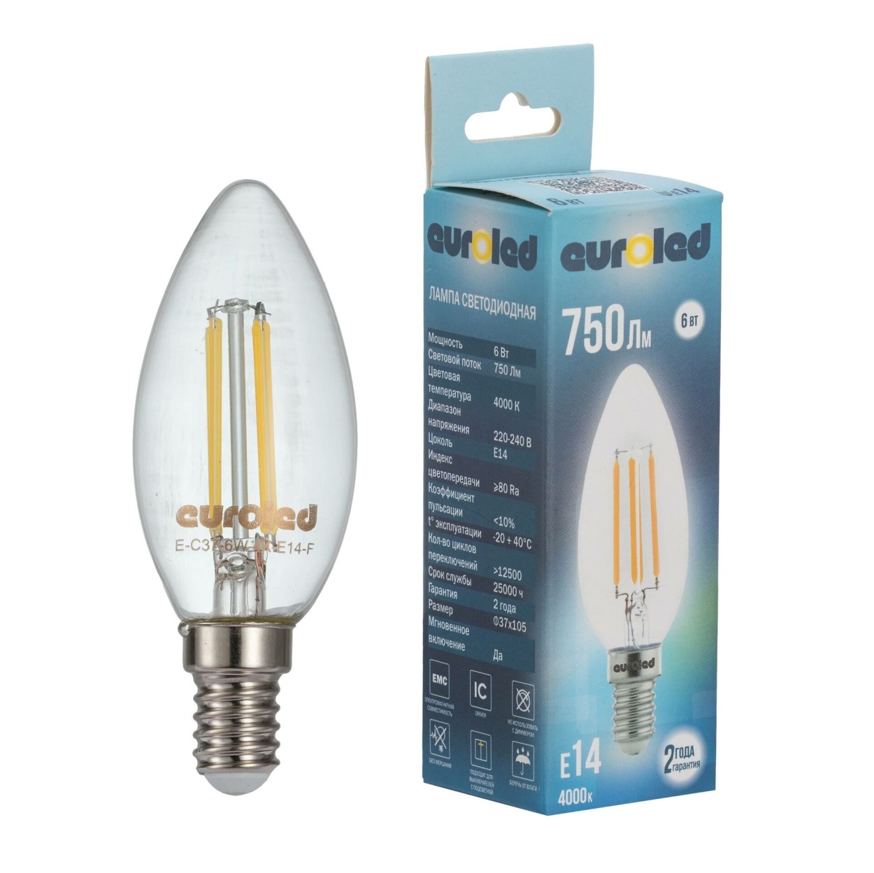 картинка Лампа светодиодная Euroled E-C37-6W-4K-E14-F от магазина pro-decor.kz