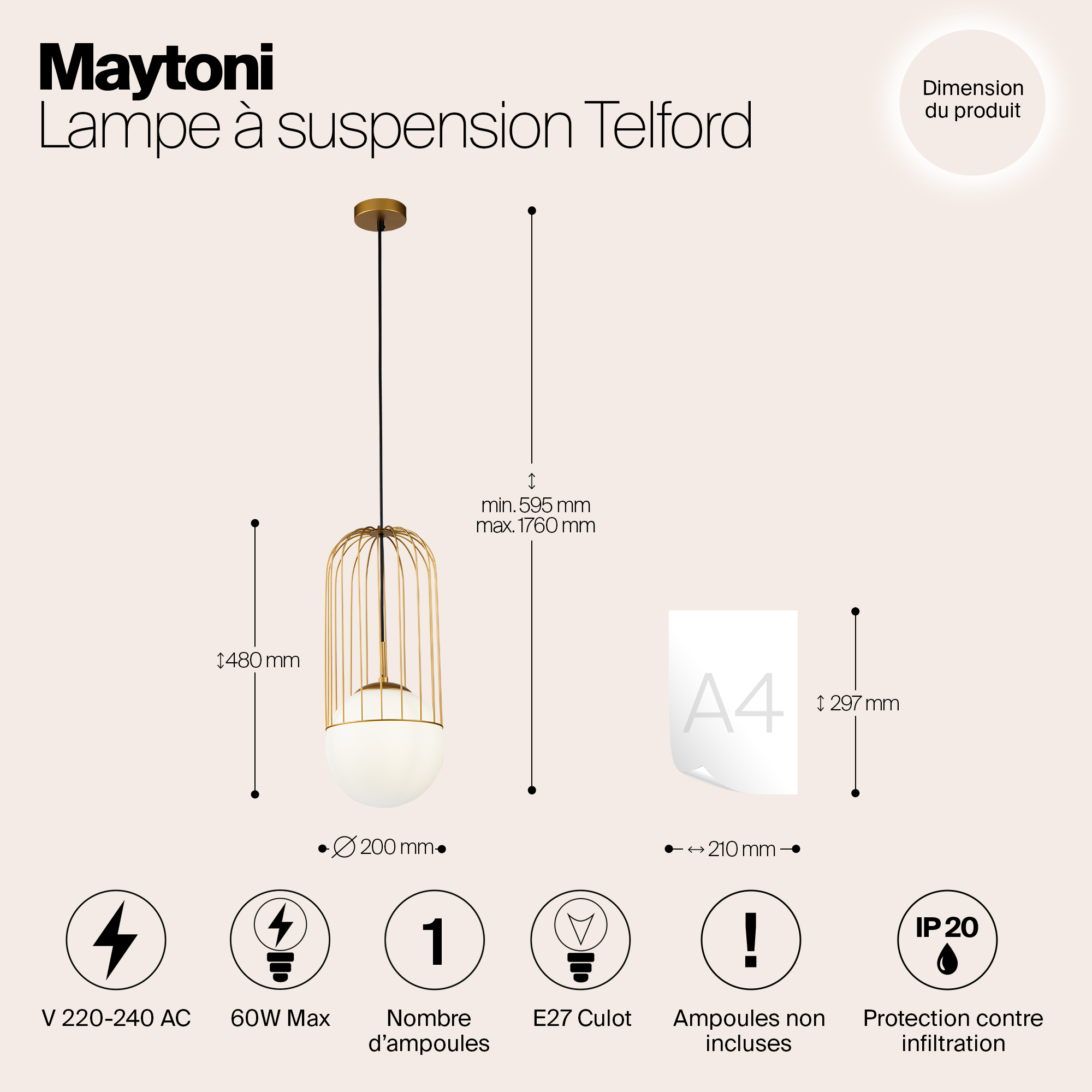 картинка Подвесной светильник Maytoni Telford P363PL-01G от магазина pro-decor.kz