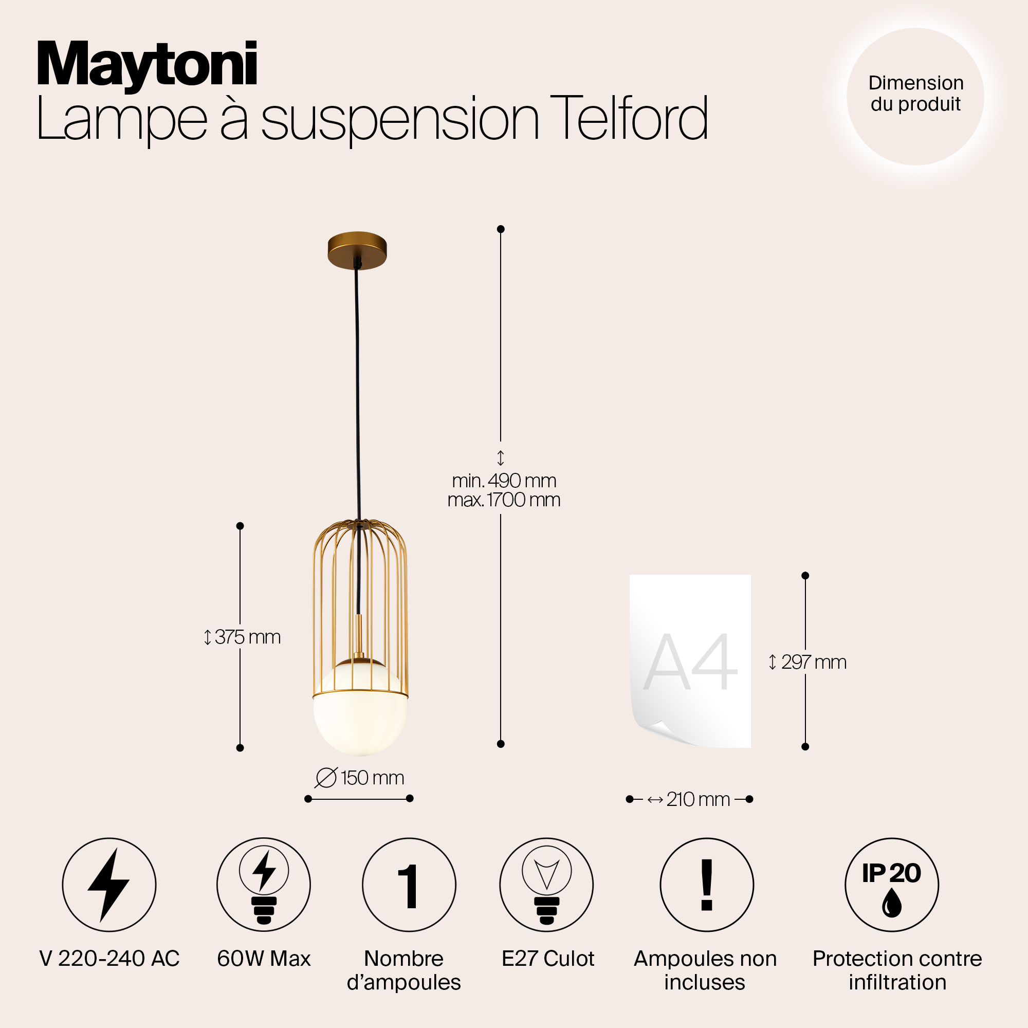 картинка Подвесной светильник Maytoni Telford P362PL-01G от магазина pro-decor.kz