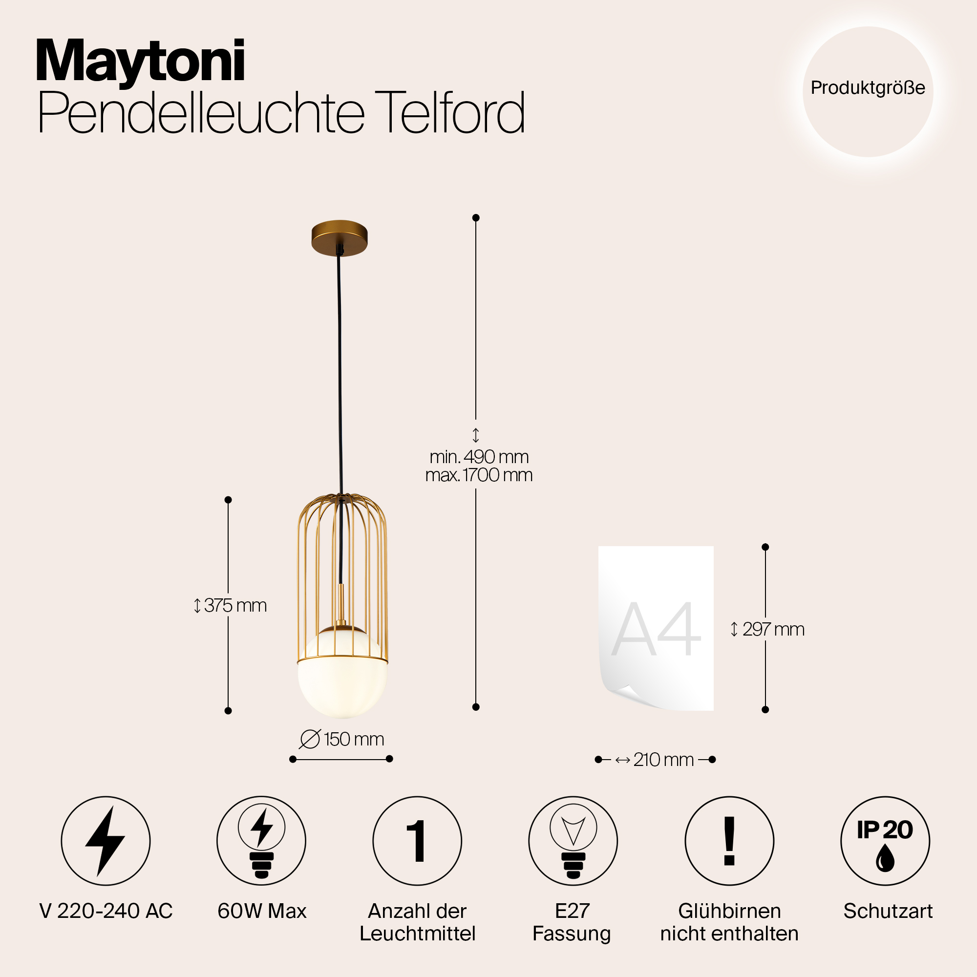 картинка Подвесной светильник Maytoni Telford P362PL-01G от магазина pro-decor.kz