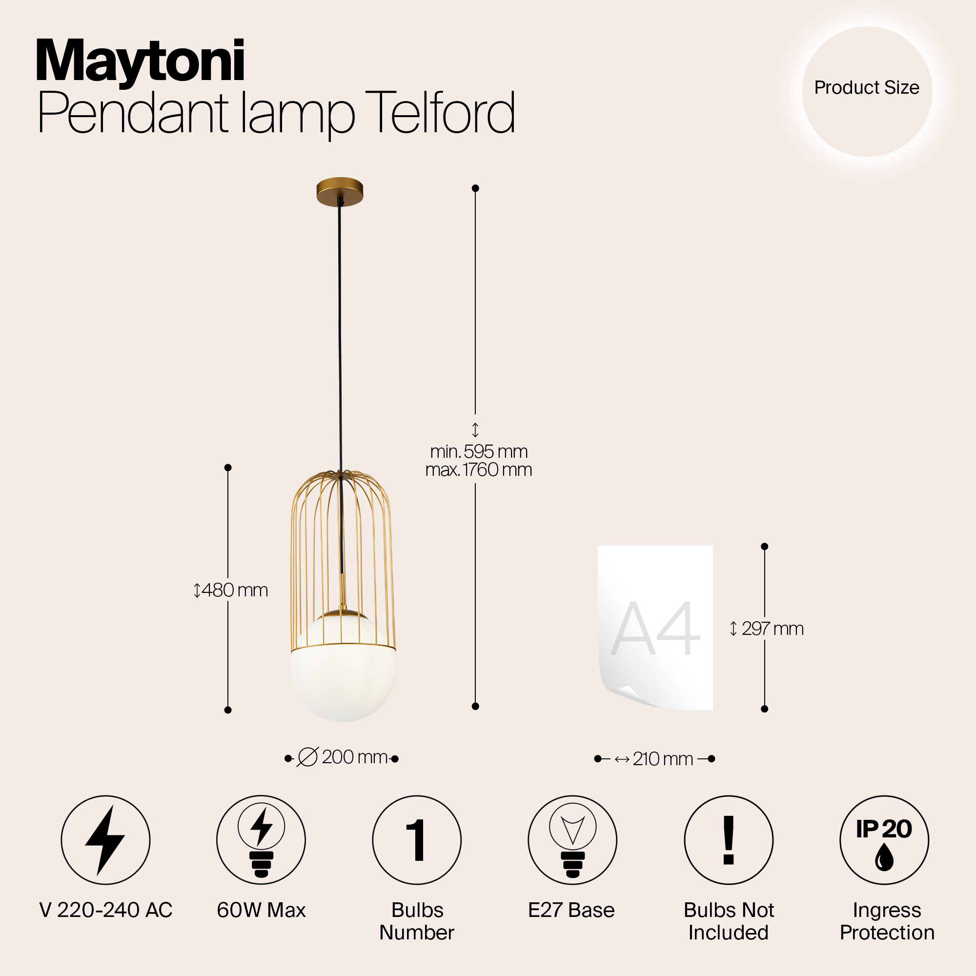 картинка Подвесной светильник Maytoni Telford P363PL-01G от магазина pro-decor.kz