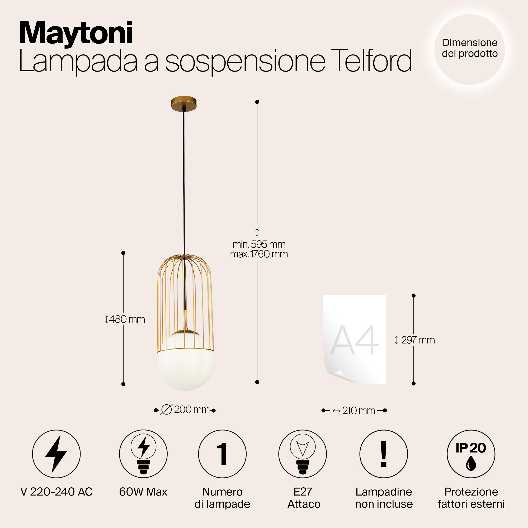 картинка Подвесной светильник Maytoni Telford P363PL-01G от магазина pro-decor.kz