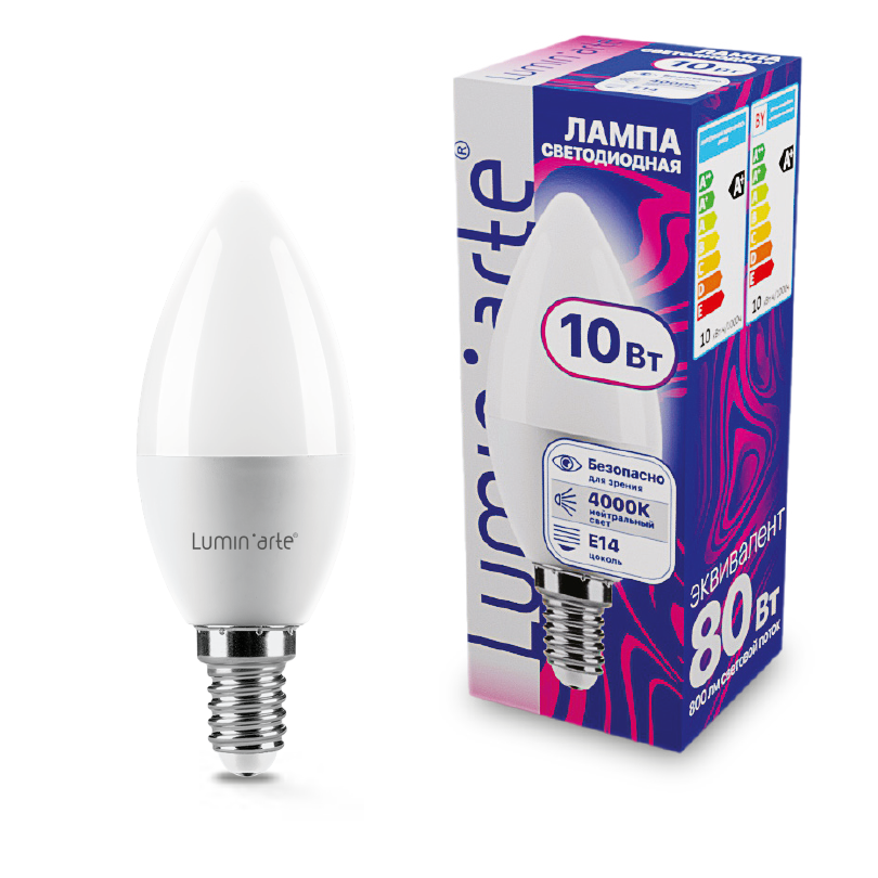картинка Светодиодная лампа LUMIN'ARTE LSTD-C37-10W4KE14 "Свеча" C37 10Вт 800лм 4000К Е14 1/10/100 от магазина pro-decor.kz