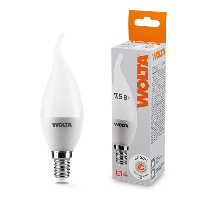 картинка Светодиодная лампа WOLTA 25SCD7.5E14   Свеча на ветру   CD37 7.5Вт 625лм 4000К Е14 4000К   1/50 от магазина pro-decor.kz